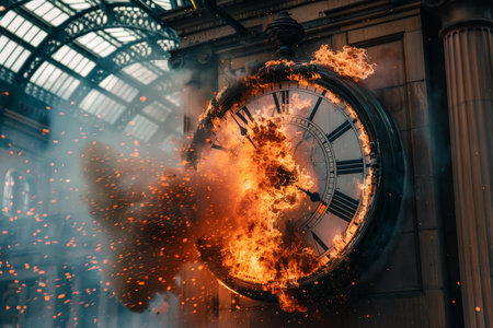 A vintage clock engulfed in flames within a classical train station settingの素材