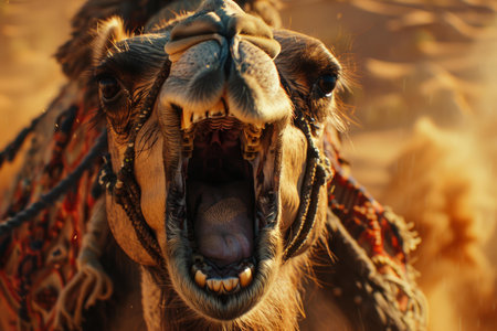 Detailed closeup of a camels face in a desert with a warm sunset glowの素材