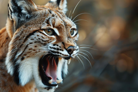 Closeup of a lynx with detailed fur texture, showcasing its open mouth and fierce gazeの素材