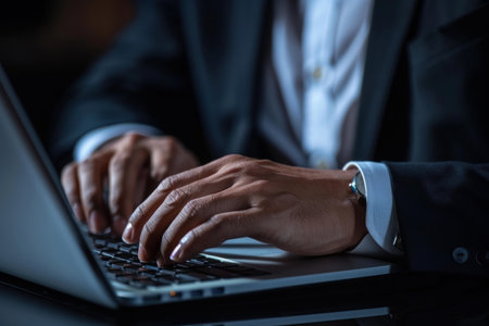 Closeup of a businesspersons hands typing on a laptop keyboard in a dimly lit office environmentの素材