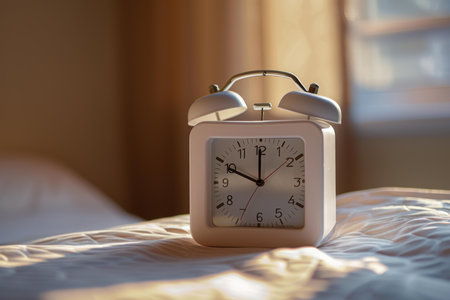 A vintage alarm clock catches the warm morning sun on a cozy bedの素材