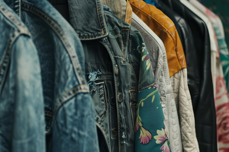 Diverse selection of jackets hangs on a rack, showcasing different colors and patternsの素材