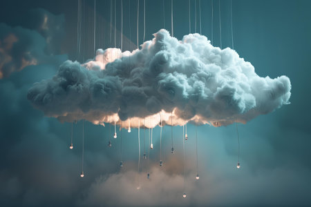Surreal scene of a cloud with light bulbs dangling, symbolizing ideas and creativityの素材