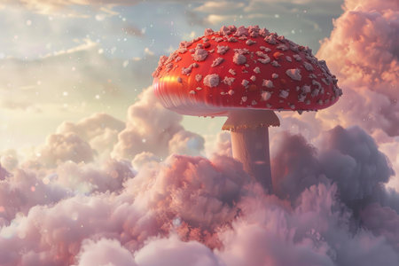 Surreal digital artwork of a vibrant red mushroom amongst soft, dreamy clouds at sunsetの素材