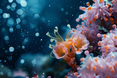 Vibrant sea anemone amidst coral reef with ethereal blue bokeh backgroundの素材