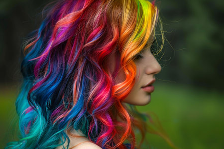 Side profile of a person with brightly dyed hair in a rainbow palette against a natural green backgroundの素材