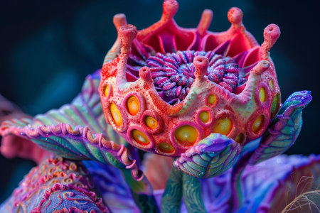 Closeup of a fantastical, colorful carnivorous plant, simulating an otherworldly environmentの素材