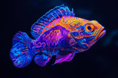 Beautiful and vibrant tropical fish swimming in a neonlit aquarium with a colorful and glowing underwater backgroundの素材