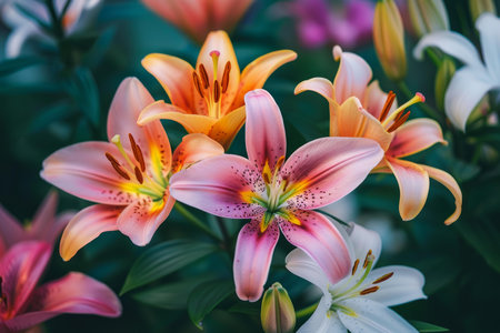Closeup of colorful lilies showcasing their intricate patterns and vivid colorsの素材