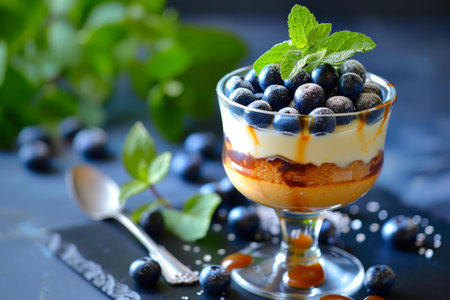 Glass parfait with layers of custard, cake, and fresh blueberries topped with mintの素材