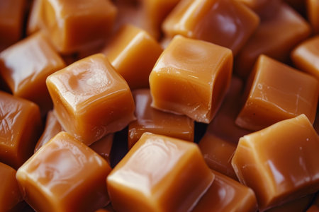 Closeup of delicious and indulgent soft caramel candy cubes, featuring a glossy, creamy texture and rich, homemade flavorの素材