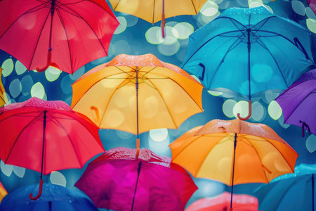 Vibrant display of red, blue, orange, and purple umbrellas with a glowing bokeh effectの素材