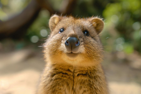 Close-up portrait of a cute, smiling quokka, a happy and friendly marsupial with vibrant fur and adorable whiskers, in its natural outdoor habitat on rottnest island, australiaの素材