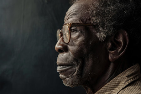 Close-up of an elderly man in contemplation, dark moody backgroundの素材