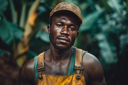Thoughtful male farmer with a cap, wearing overalls, against a lush green backgroundの素材