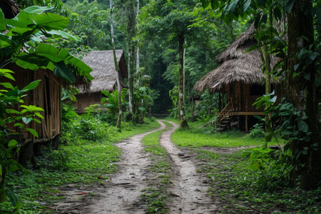 Serene dirt path winds through a lush rainforest, flanked by wooden huts with thatched roofsの素材