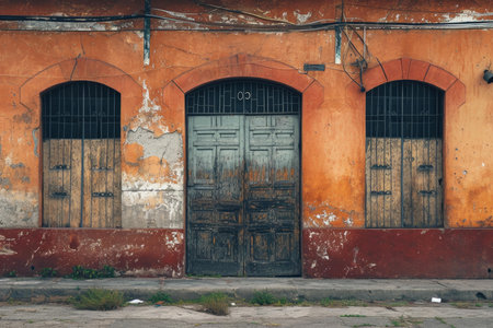 Photo capturing old wooden doors on a distressed orange facade with peeling paintの素材