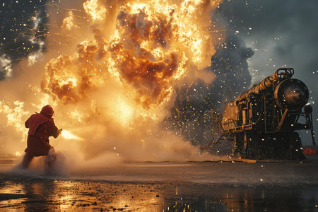 Firefighter uses a hose to combat a massive fire explosion near a vintage trainの素材