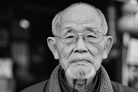 Close-up portrait of a senior gentleman with glasses in black and whiteの素材