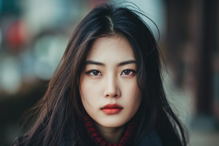 Close-up of a young asian woman with a powerful gaze and natural beautyの素材