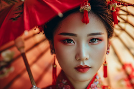 Portrait of a young woman in chinese bridal makeup and a red wedding dress, holding an ornate umbrellaの素材