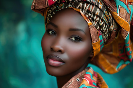 Portrait of a young woman adorned in a colorful african head wrap with a serene expressionの素材