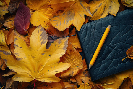 Creative flat lay of a closed notebook and pencil on a bed of colorful autumn leavesの素材