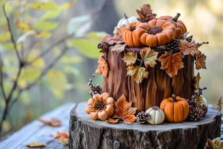 Beautifully decorated cake with autumn leaves and pumpkin toppers, symbolizing fall celebrationsの素材