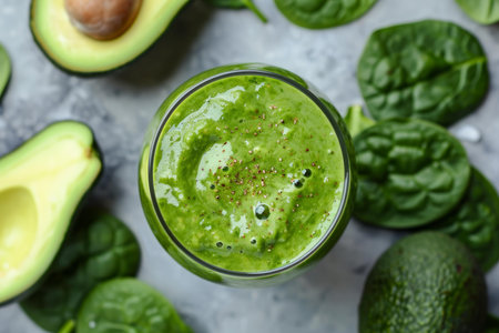 Overhead shot of a nutritious spinach avocado smoothie with chia seeds on a textured surfaceの素材