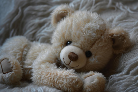Close-up of a cuddly teddy bear resting on a fluffy white blanketの素材