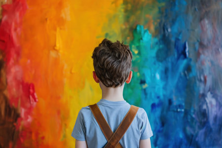 Child with back to camera looks at a vibrant, abstract painted wallの素材
