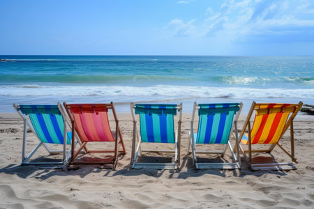 Three vibrant beach chairs facing the ocean on a sunny day with clear blue skyの素材