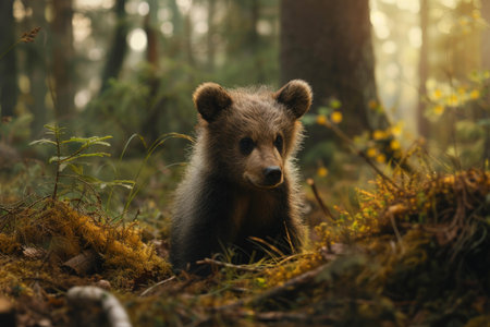 Serene brown bear cub sits among ferns in a misty forest, bathed in the warm glow of the setting sunの素材