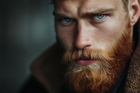 Close-up of a contemplative bearded man with piercing blue eyes and a pensive expressionの素材