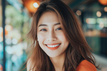 Vibrant Beautiful Asian woman smile. Korean female model portrait with perfect face skin. Generate aiの素材