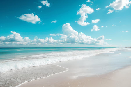 Pristine white sands meet crystal clear waves under a blue sky dotted with cumulus cloudsの素材