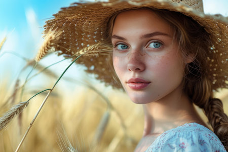Serene portrait of a young lady wearing a straw hat with wheat stalks, symbolizing natural beautyの素材