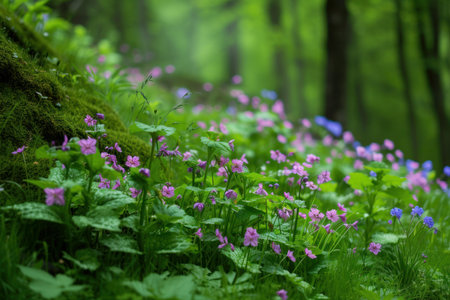 Vibrant Forest flowers. Tree leaves season. Generate Aiの素材