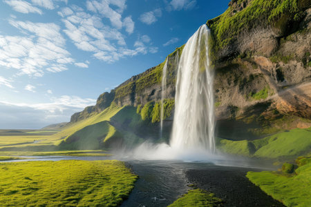 Picturesque Beautiful Seljalandsfoss waterfall. Wilderness natural scenic landscape. Generate aiの素材