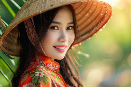 Captivating Beauty Vietnamese girl model face. Lifestyle spring asian happy. Generate Aiの素材