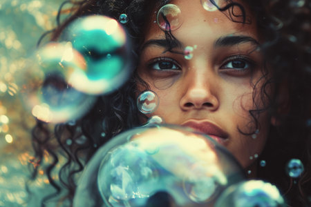 Glamorous Woman bubble party beauty. Sunshine girl adult soap blow. Generate Aiの素材