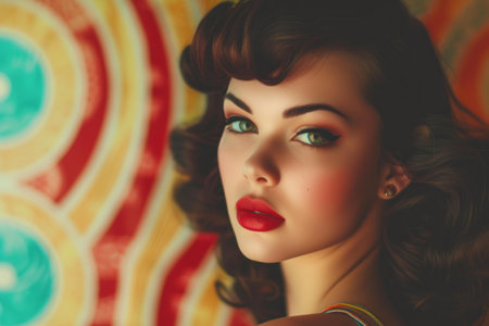 Captivating portrait of a woman with classic 1950s makeup and hairstyle against a colorful, patterned backgroundの素材