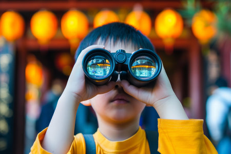 Young boy in a yellow shirt uses binoculars, reflecting his adventurous spiritの素材