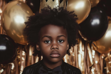 Festive Black boy birthday. Home party with colorful balloons. Generate Aiの素材