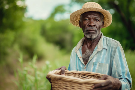 Robust Black farmer holding vegetable basket. Natural agriculture with eco harvest products. Generate aiの素材