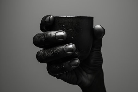 Comforting Black hand holding coffee cup. Drinking espresso coffee beverage in restaurant. Generate aiの素材