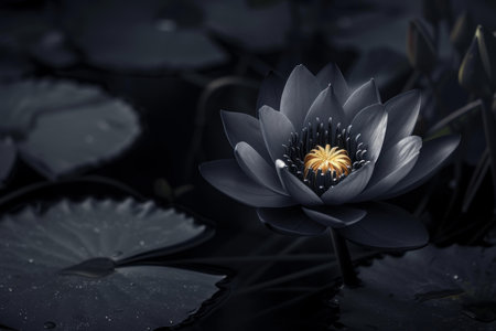 Exotic Black lotus flower in dark. Summer nature leaf aquatic plant. Generate Aiの素材