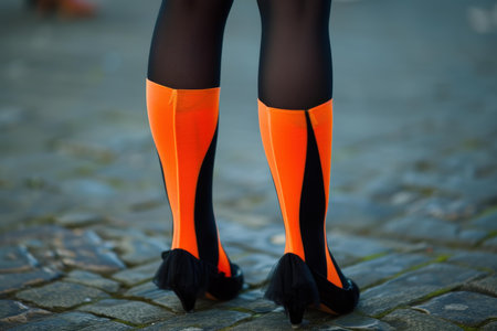 Close-up of womans legs in bright orange high heels and black tights, standing on cobblestonesの素材
