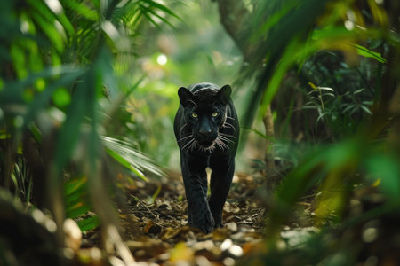 Nocturnal Black panther tropical forest walk. Mammal fur. Generate Aiの素材