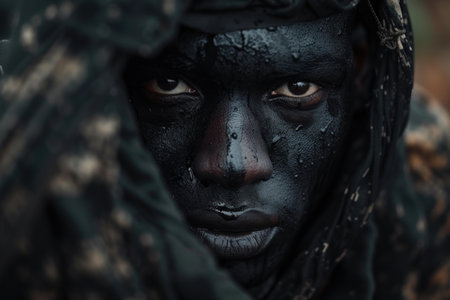 Fearless Black soldier. Person face army. Generate Aiの素材